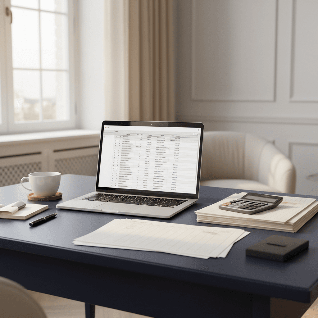 Overhead view of organized financial documents, spreadsheets, tax forms, and accounting tools on professional workspace