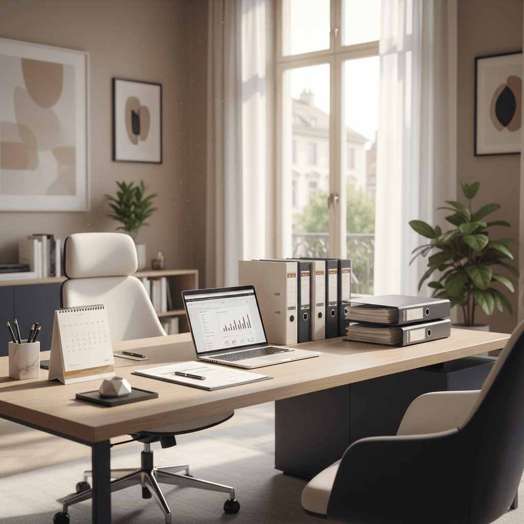 Organized office desk with employee folders and an open laptop, soft natural lighting.