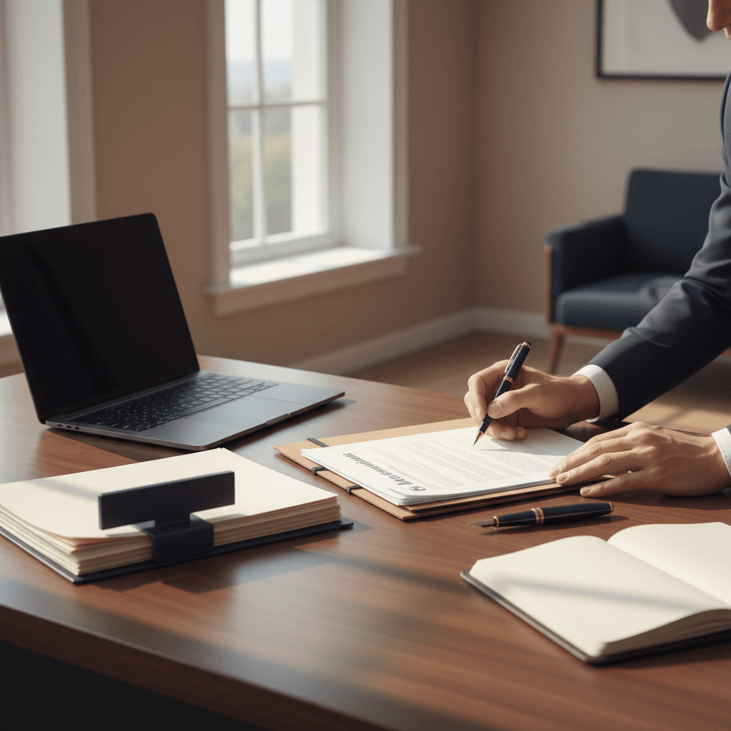 Professional hands exchanging signed business contracts and documentation at polished wooden desk