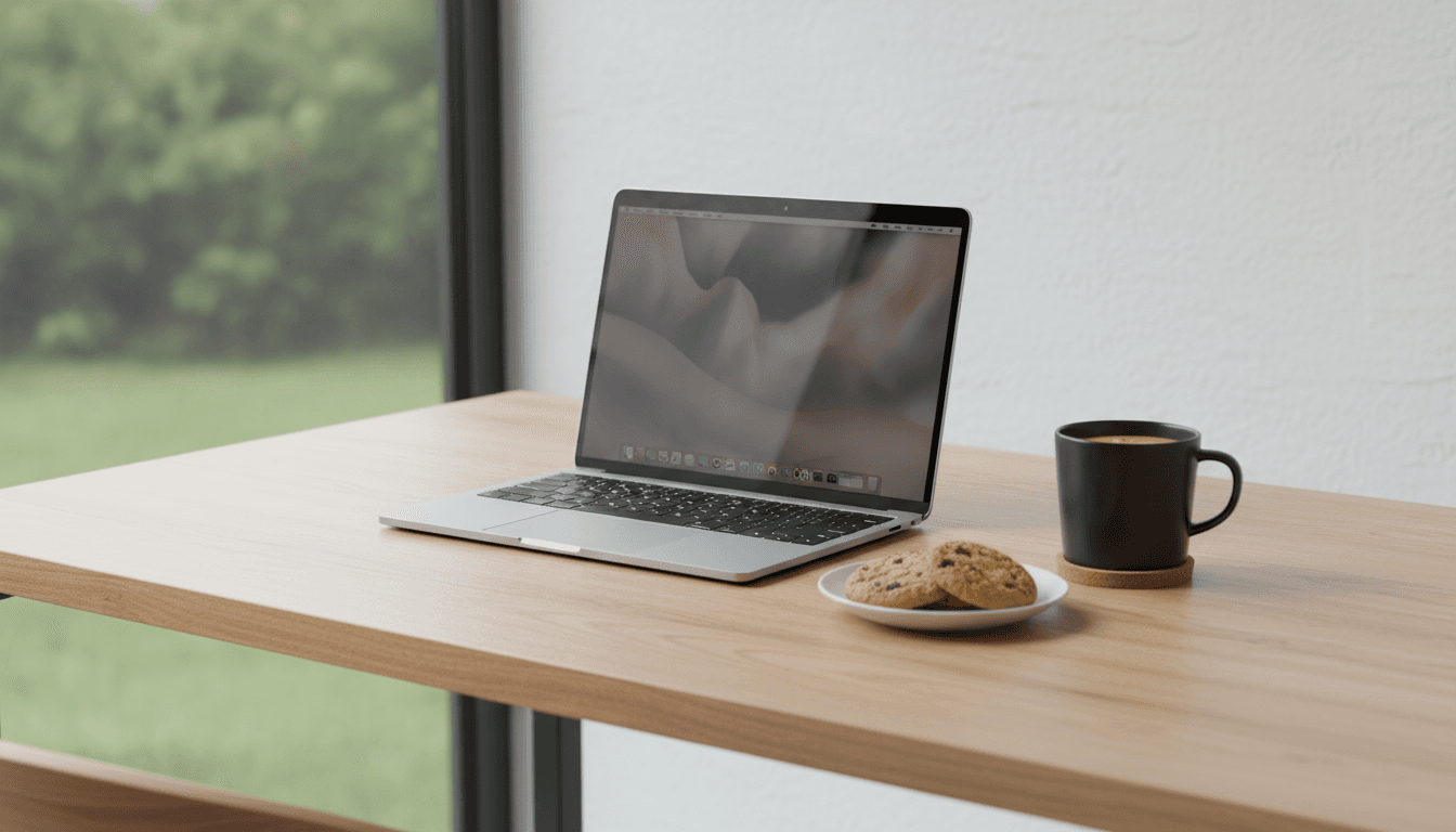 Minimalistischer Schreibtisch mit Laptop, Kaffee und Keksen in warmem Licht