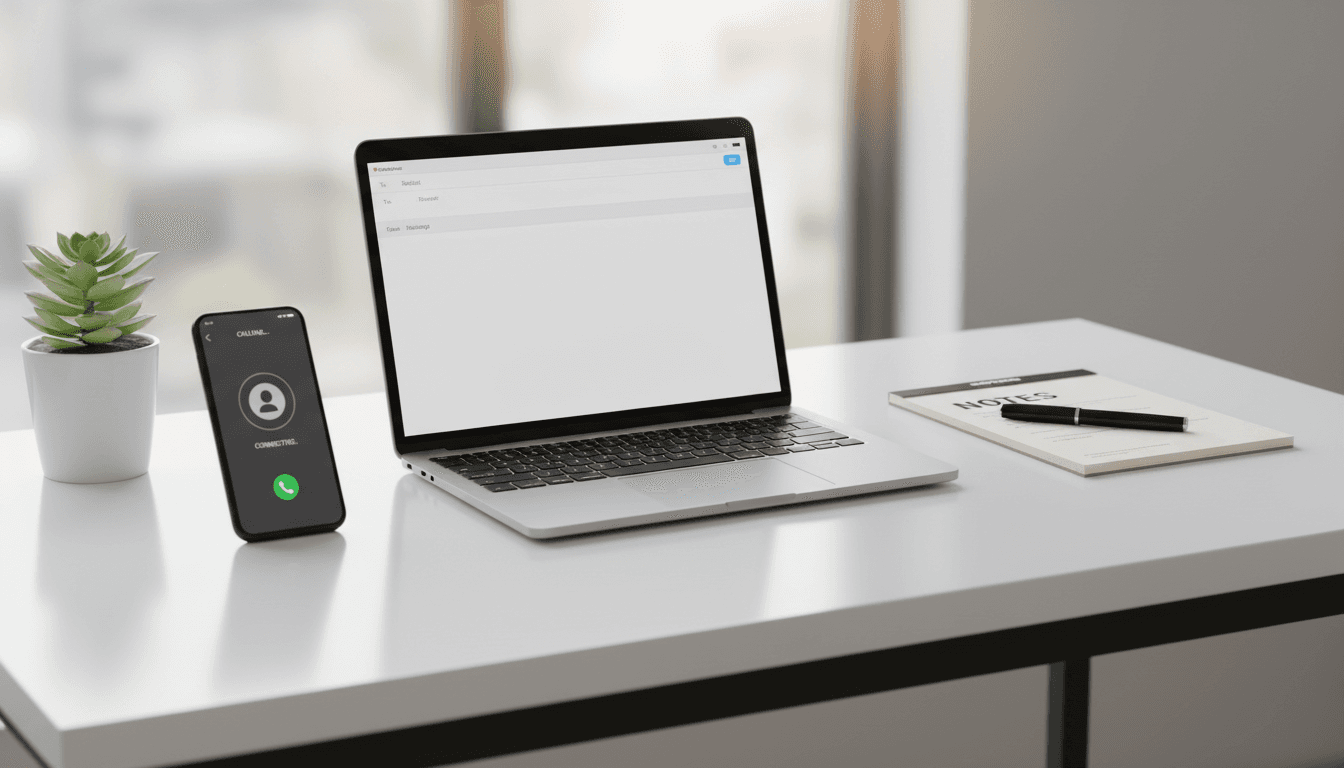 Laptop, Smartphone mit eingehendem Anruf, Notizblock und eine kleine Pflanze auf einem weißen Schreibtisch.