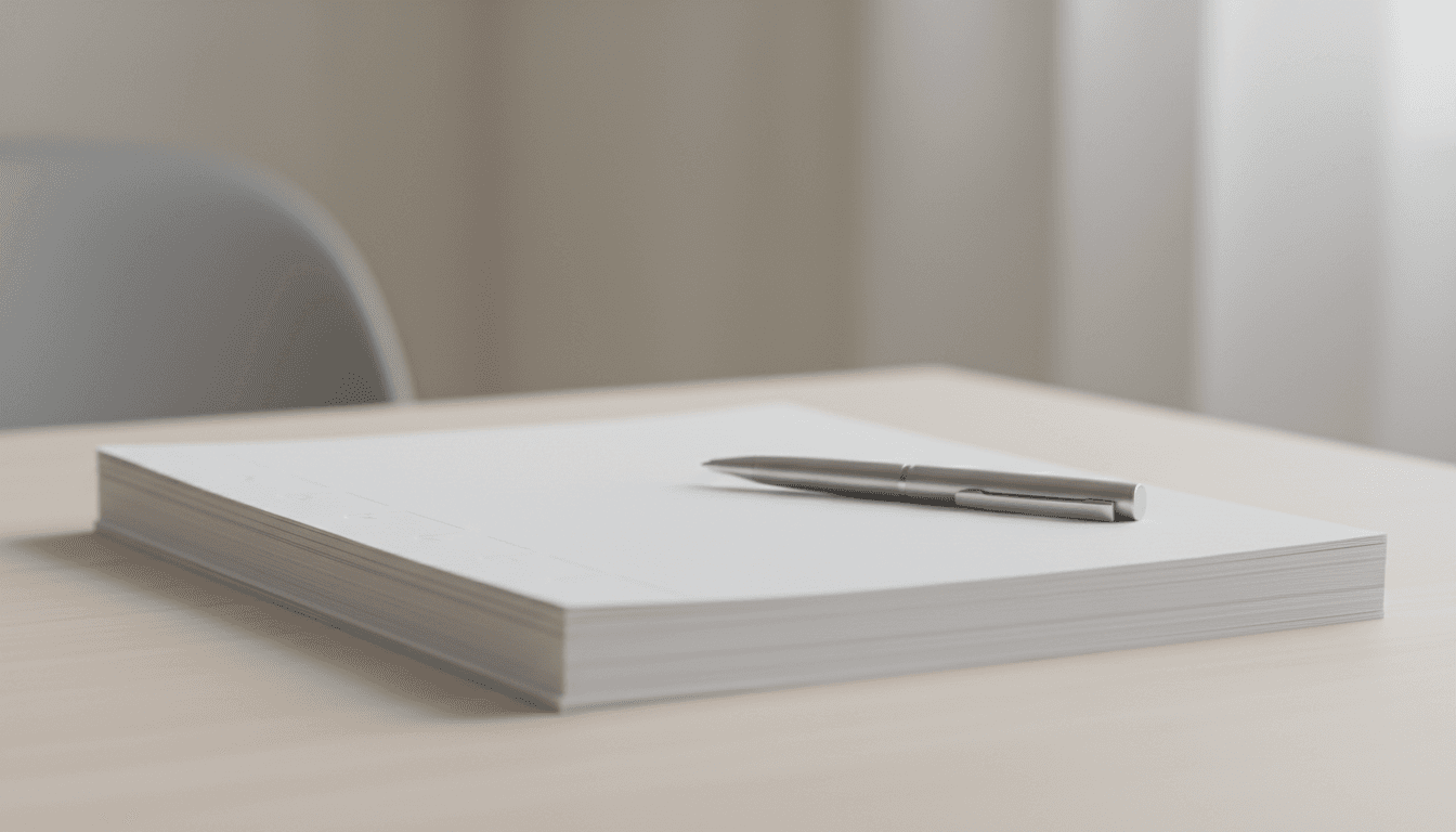 Minimalistischer Arbeitsplatz mit einem ordentlichen Stapel Dokumenten und einem Stift bei natürlichem Tageslicht