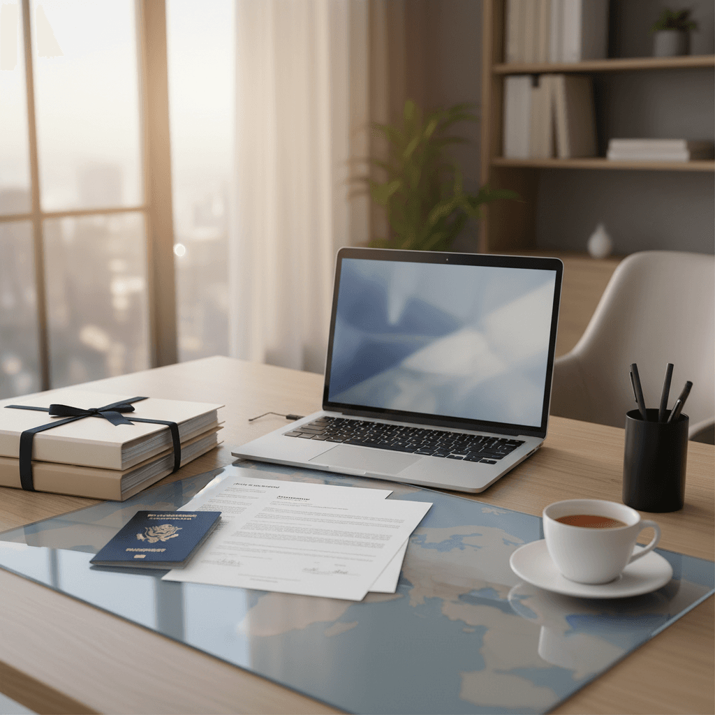 Modern European office desk with organized documents, open laptop, and passport.
