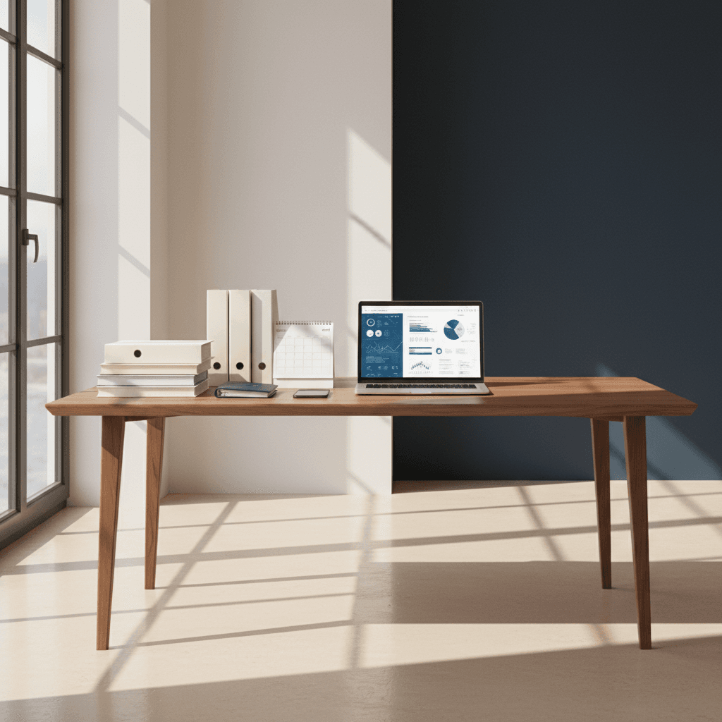 Hölzerner Schreibtisch mit Laptop, Ordnern und Kalender vor einer blau-beigen Wand mit markanten Schatten.