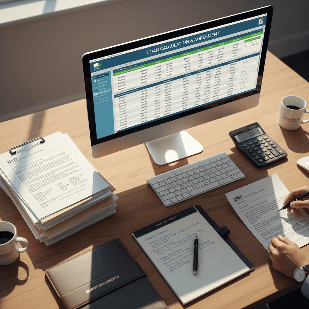 Overhead view of loan officer's desk with computer displaying financing software, documents, and calculator