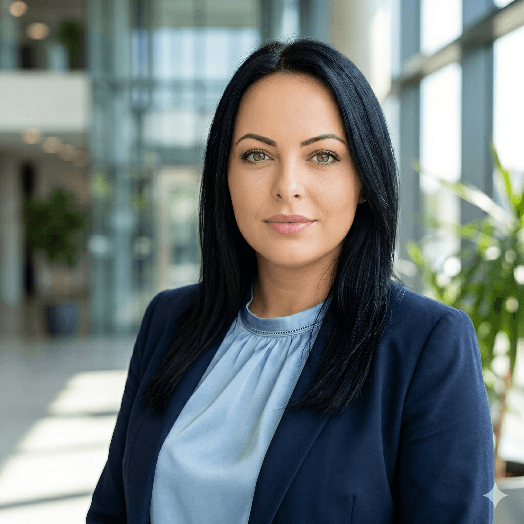 Porträt einer Frau mit schwarzen Haaren und grünen Augen in einem hellen, modernen Büro.